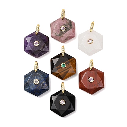 Ограненные подвески из натуральных драгоценных камней, шестиугольные подвески с латунными микропаве из прозрачных кубических цирконий в качестве застежек., золотые