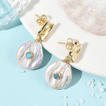 Natural Freshwater Shell & Brass Stud Dangle Earrings, Nuggets