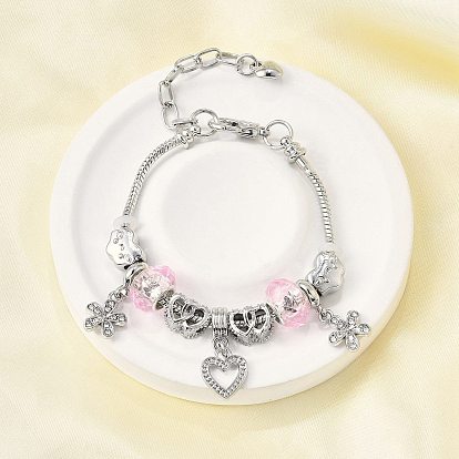 Сплав европейские бусины браслеты с подвесками, браслеты из змеиной цепи для женщин, цветок, сердце и облако, со смолой, стразами и силиконом, без свинца и без кадмия