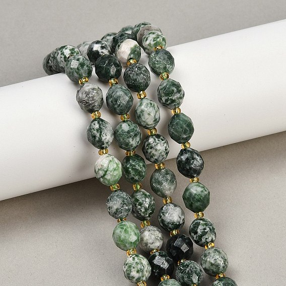 Натуральные зеленые пятна яшмовых нитей, граненые, овальные, с бисером