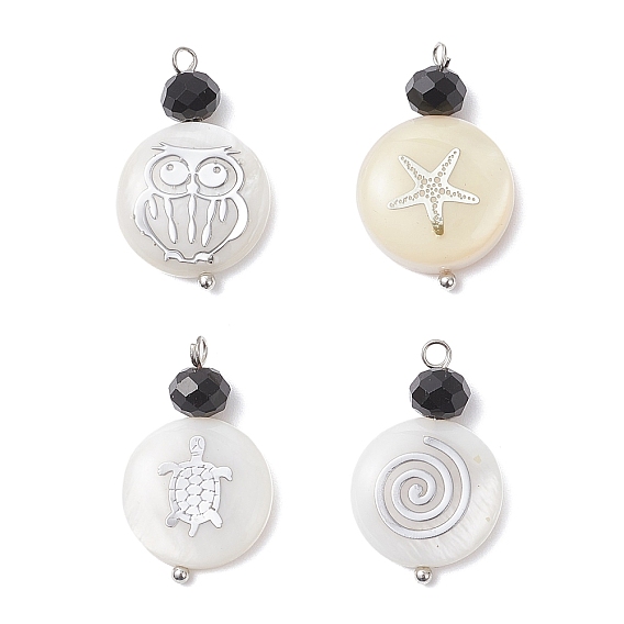 4 шт. 4 стили плоские круглые подвески из натуральной ракушки и черного стекла, с рисунком вихря в виде совы, морской звезды и черепахи, белые