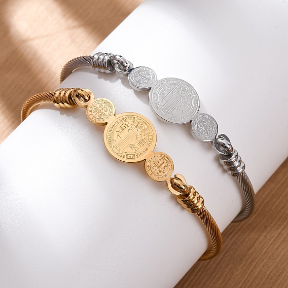 Религия 304 браслеты из нержавеющей стали для женщин, плоские круглые с святым Бенедиктом