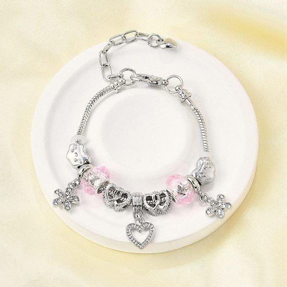 Сплав европейские бусины браслеты с подвесками, браслеты из змеиной цепи для женщин, цветок, сердце и облако, со смолой, стразами и силиконом, без свинца и без кадмия