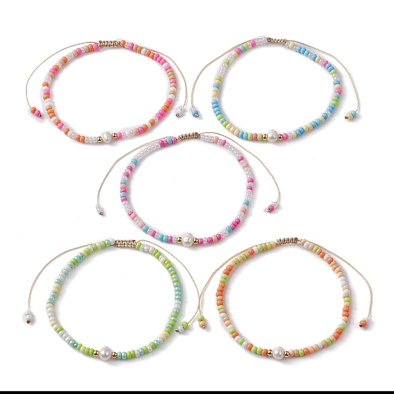 Natural Pearl & Glass Seed Braided Bead Bracelets, Nylon Adjustable Bracelet