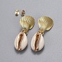 Alloy Stud Earrings, with Electroplate Cowrie Shell and Brass Findings, Scallop Shell Shape