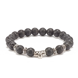 Natural Lava Rock Stretch Bracelet with Alloy Tube Beaded, Essential Oil Gemstone Jewelry for Women