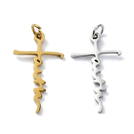 304 Stainless Steel Pendants, with Jump Rings, Laser Cut, Cross with Word Faith Charm