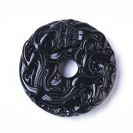 Natural Black Obsidian Pendants, Carving Kylin, Flat Round