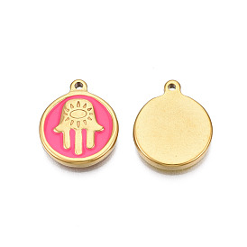 304 Stainless Steel Enamel Pendants, Real 18K Gold Plated, Flat Round with Hamsa Hand