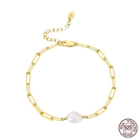 Natural Freshwater Pearls Bead Link Bracelets, with Adjustable 925 Sterling Silver Paperchip Chain Bracelets for Women, with S925 Stamp