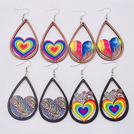 Wooden rainbow love earrings leopard print peach heart geometric simple gay earrings Valentine's Day earrings