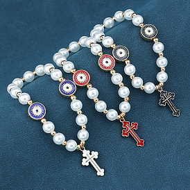 Пластиковые браслеты из бисера с искусственным жемчугом, Ювелирное украшение с подвеской в виде звена сглаза и креста из сплава эмали для женщин