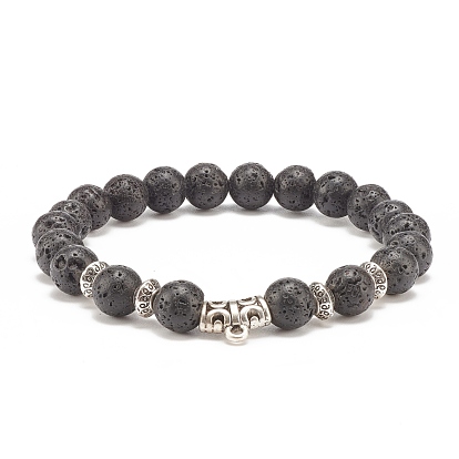 Natural Lava Rock Stretch Bracelet with Alloy Tube Beaded, Essential Oil Gemstone Jewelry for Women