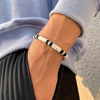 Pulsera elástica bohemia de arcilla polimérica con cuentas heishi para hombre