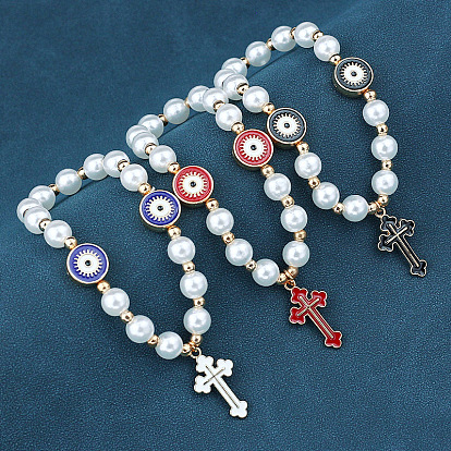 Plastic Imitation Pearl Beaded Bracelets, Alloy Enamel Evil Eye Link & Cross Charm Jewely for Women