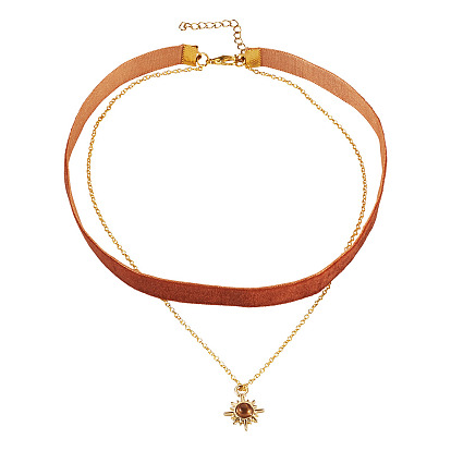 Подвеска в виде солнца из сплава смолы, односторонняя, темно-красная бархатная лента и латунная цепочка, двухслойное ожерелье-чокер