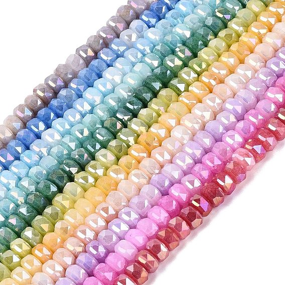 Electroplate Crackle Imitation Jade Glass Beads Strands, Rondelle, Dyed, AB Color Plated, Faceted