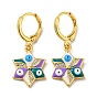Real 18K Gold Plated Brass Dangle Leverback Earrings, with Enamel and Cubic Zirconia, Evil Eye
