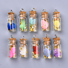 Glass Wishing Bottle Pendant Decorations, with Dried Flower  & Chip Gemstones inside, Cork Stopper and Platinum Iron Screw Eye Pin Peg Bails