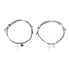 2шт. регулируемые браслеты из вощеного полиэфирного шнура, сплав эмали и 304 браслеты из нержавеющей стали с подвесками для мужчин и женщин в виде сердца и креста