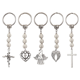 Porte-clés pendentifs en alliage de style tibétain, avec des perles acryliques plaquées et des porte-clés fendus en fer