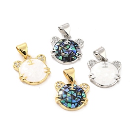 Natural Shell Charms, with Clear Cubic Zirconia and Brass Findings, Long-Lasting Plated, Tiger