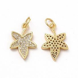Rack Plating Brass Micro Pave Cubic Zirconia Pendants, with Jump Ring, Real 18K Gold Plated, Long-Lasting Plated, Maple Leaf Charm
