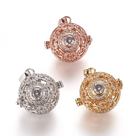 Brass Micro Pave Clear Cubic Zirconia Bead Cage Pendants, Hollow Round