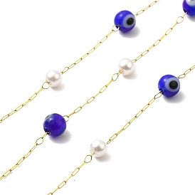 Ion Plating(IP) 316 Surgical Stainless Steel Paperclip Chains, Evil Eye and Glass Pearl Beaded Chain, Soldered, with Spool