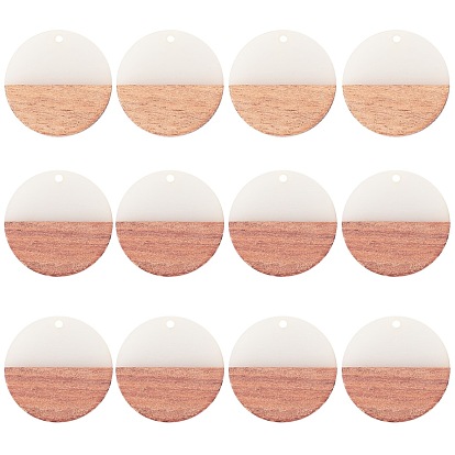 Transparent Resin & Walnut Wood Pendants, Waxed, Flat Round