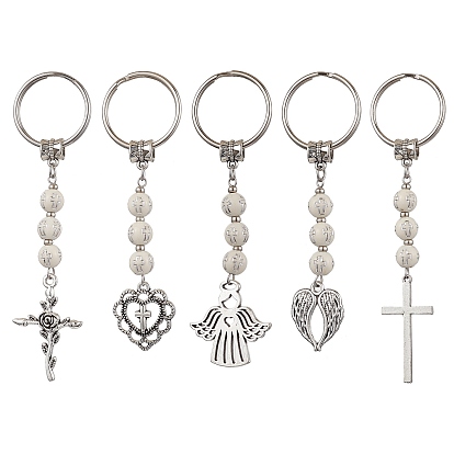 Брелок с подвесками из сплава в тибетском стиле, с гальваническим покрытием акриловые бусины и железные разъемные кольца для ключей