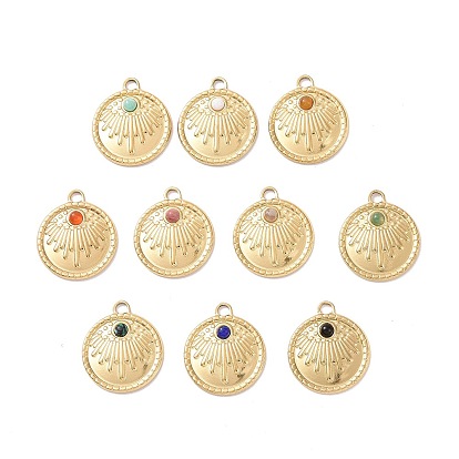 Gemstone Pendants, with Ion Plating(IP) Real 18K Gold Plated 304 Stainless Steel Findings, Flat Round Charm