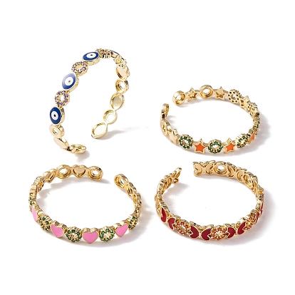 Brass Pave Cubic Zirconia Open Cuff Bangles for Women, with Enamel, Real 18K Gold Plated