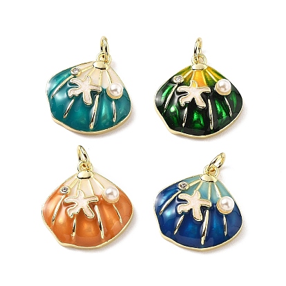 Латунные подвески с микропаве из кубических цирконий с эмалью и искусственным жемчугом из АБС-пластика, формы раковины, стойки покрытие, долговечный, без свинца и без кадмия, с целью перехода в кольце, реальный 18 k позолоченный