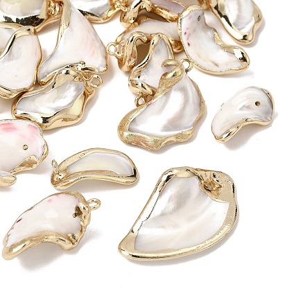 Brass & Natural Shell Pendants, Shell Shape Charms, with Golden Plated Edge
