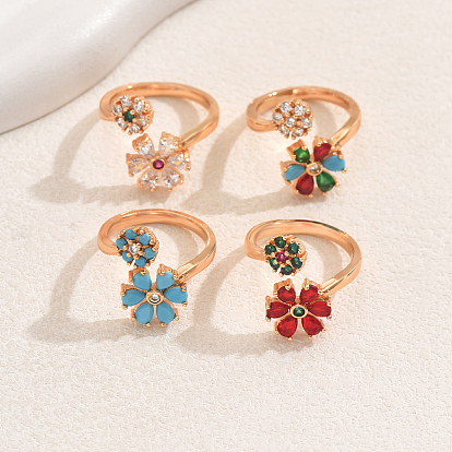 Brass Micro Pave Cubic Zirconia Cuff Open Rings, Flower, Wide Band Rings, Golden