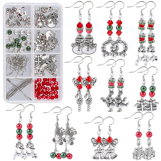 DIY Christmas Drop Earring Making Kits, Including Christmas Tree & Stocking & Wreath & Snowman Alloy Pendants & Beads, Glass Pearl Beads, Brass Earring Hooks