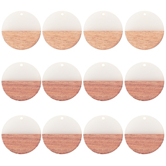 Transparent Resin & Walnut Wood Pendants, Waxed, Flat Round