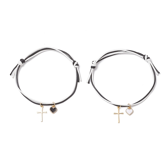 2шт. регулируемые браслеты из вощеного полиэфирного шнура, сплав эмали и 304 браслеты из нержавеющей стали с подвесками для мужчин и женщин в виде сердца и креста