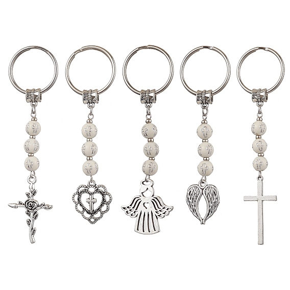 Брелок с подвесками из сплава в тибетском стиле, с гальваническим покрытием акриловые бусины и железные разъемные кольца для ключей