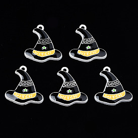 Spray Painted Alloy Enamel Pendants, Cadmium Free & Nickel Free & Lead Free, Halloween, Witch Hat with Word Good