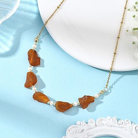 Nuggets Natural Amber & Natural Freshwater Pearl Beaded Necklaces with 304 Stainless Steel Satellite Chains