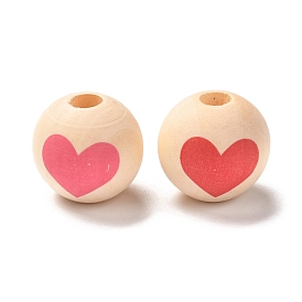 Printed Wood European Beads, Large Hole Beads, Round with Heart Pattern