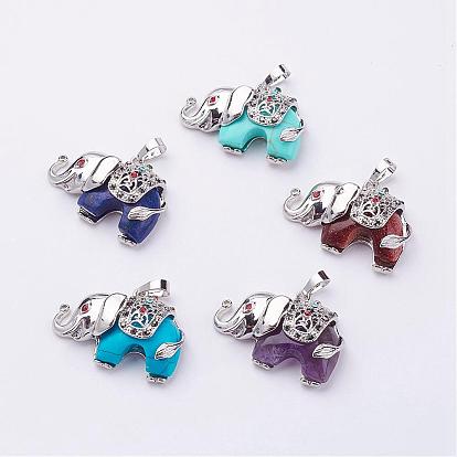 Gemstone Pendants, with Rhinestone and Brass Findings, Elephant, Platinum