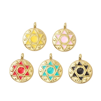 Vacuum Plating 304 Stainless Steel Enamel Pendants, Light Gold, Flat Round with Star of David