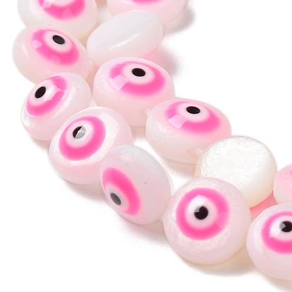 Natural Freshwater Shell Enamel Beads Strands, Flat Round with Evil Eye