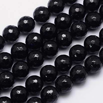 Faceted Round Natural Black Tourmaline Bead Strands, Grade AB+