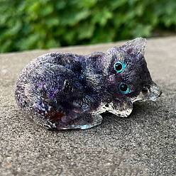 Resin Sleeping Cat Display Decoration, with Gemstone Chips inside Statues for Home Office Decorations