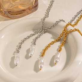 304 Collares con colgante de borla de barra de perlas de imitación, cadena de cable texturizada de acero inoxidable para mujer, blanco