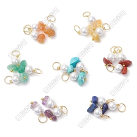 63 piezas 7 estilos jaspe rojo natural y aventurina roja y aventurina verde y lapislázuli y amatista y citrino, Charms de chips de turquesa sintética, Dijes de cuentas de perla de concha con anillos de salto de acero inoxidable